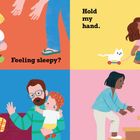 "Big yawn. Feeling sleepy? Hold my hand. Time for bed. Say night night. Up the stairs." Illustrationen von Kindern bei Schlafenszeit.