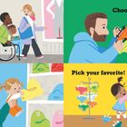 Oben links: "Let's go shopping!". Unten links: "Which potty?". Oben rechts: "Choose your underwear.". Unten rechts: "Pick your favorite!". Vier bunte Illustrationen mit Erwachsenen und Kindern beim Einkaufen.