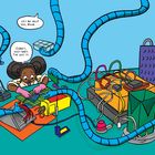 Sprechblasen: „Let me help you, Nova...“ und „Comet, just wait. I’ve got it.“ Mädchen arbeitet mit blauen Roboterarmen an Elektronik.