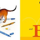 A is for adorable... B is for bounce. Eine Katze spielt mit Stiften, eine andere springt in die Luft neben einem Ball.