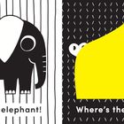 „Here’s an elephant!“ und „Where’s the crocodile?“ sind die Texte. Links ein schwarz-weiß Elefant, rechts gelbes Overlay.