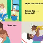 „Good morning.“ „Open the curtains.“ „I love you.“ „All together. Let’s play.“ Illustration mit fröhlichen Familienszenen.