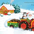 Alte Illustration von Santa auf einem Traktor in verschneiter Landschaft. Schilder zeigen zu „Workshop“ und „Stables“.