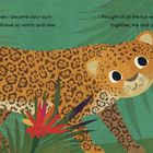 Text: „When I became your aunt I felt a love so warm and new. I thought of all the fun we'd have together, me and you.“

Gemälde: Ein großer und ein kleiner Leopard sitzen im Dschungel, umgeben von roten Blüten und grünen Blättern.