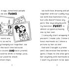 Seite 2: "close in age, sometimes people think we are TWINS." Zwei kinderfreundliche Illustrationen.  
Seite 3: "We both love drawing and playing together with our cuddly toys." Hamster-Illustration.
