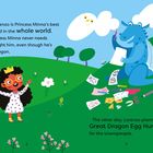 Links: Text erzählt von Lorenzo, einem Drachen, und Prinzessin Minna. Rechts: Bunter Drache malt, fröhliche Prinzessin, grüne Wiese.