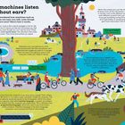 Texte: "How do machines listen without ears?", "Recording video for your followers", "Add diapers to my shopping list", "Follow path for 500 feet and you will reach your destination". 

Illustration: Menschen in einem Park, einige mit Geräten wie Tablets oder Handys.