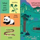 Text: "big panda", "What can you spot?", "bamboo", "baby panda", "peacock", "flower", "snake", "Let's go home, baby panda.", "You're home!" Illustrationen von Pandas, Bambus und Tieren.