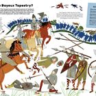 "What is the Bayeux Tapestry?" in großen Buchstaben erklärt das mittelalterliche Kunstwerk über die Schlacht von Hastings. 

Illustration von Rittern und Pferden in einem mittelalterlichen Kampf. Mehrere Infokästen beschreiben das Kunstwerk.
