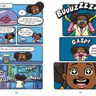 Ein Comic mit einem Mädchen im Labor: Kaubonbon, "YUCK!", "BUUUZZZ", "GASP!", "What have I done?" und Freude am Ende.