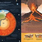 Links "What is a volcano?" mit Erklärung des Erdaufbaus. Rechts Lava-Ausbruch und Text über Magma und Eruptionen.
