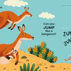 Oben links: "Jump like a kangaroo on big back feet." Rechts: "Can you JUMP like a kangaroo?" Links unten: Kängurus und Pflanzen.