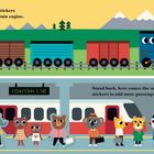 Oben: "Choo, choo! All aboard!" Zug und Landschaft. Unten: "Stand back, here comes the subway train!" Tiere am Bahnsteig.