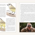 INTRODUCTION. Links: Illustration eines Vogels mit der Beschriftung "Inexplicable stick figure legs." Darunter "Strong, agile legs." Rechts: Foto eines Mannes mit Fernglas.