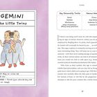Text: "GEMINI The Little Twins", "BIRTHDAY: May 21–June 20", "ELEMENT: Air", "KEY PHRASE: I Think (you should buy me this ride-on Jeep)", "Key Personality Traits: Social, Restless, Mischievous, Asker of Questions (Many, many questions)", "Famous Geminis: Prince, Amy Schumer, Anderson Cooper, Laverne Cox". Zwei Kinder in Latzhosen als Illustration. Zweispaltiger Text.