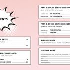 In der Mitte steht "CONTENTS" in einer Comic-Sprechblase. Verschiedene kleine Kästen geben Kapitelüberschriften und Seitenzahlen an, wie "PART 1: SOCIAL ROLES AND LABOR" und "DISCOVER MORE". Der Hintergrund ist rosa gepunktet.