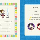 Links: Illustration eines Mädchens vor einem Spiegel. Rechts: Auswahlfeld mit Brillenoptionen, bunte Charakterillustrationen.