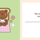 „You make me feel warm and toasty when“. Illustration: Bär, Toast, Tasse. Pilz hält ebenfalls Tasse, Erdbeeren, Blumen.