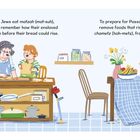 Zwei Personen backen und räumen Küche auf. Text erklärt, warum Juden an Pessach ungesäuertes Brot essen und Chametz entfernen.