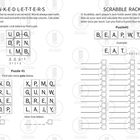Zwei Wortspiele: Verbinde Buchstaben zu Wörtern, Punkte berechnen. Puzzle #1: Finde zwei Haustiere. Puzzle #2: Scrabble-Rack.