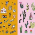 Links: "Proud to be queer", "Queer Power", "Ask me about my pronouns!" Aufkleber-Stil. Rechts: Verschiedene Kakteen-Illustrationen.