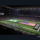 Texte: "Wk 01", "vs PACKERS", "34 - 29 (W)" | Stadion mit USA- und Brasilien-Flagge auf dem Spielfeld. Voll besetzte Tribünen.