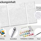 Text: "Packungsinhalt", "Malvorlage mit Zahlen und Konturen", "Anleitung", "Kontrollblatt", "Farbtöpfchen + Aufkleber", "Pinsel".