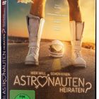 "Wer will schon einen Astronauten heiraten?" Ein Paar Beine in Raumanzugschuhen auf einer Straße, Rosenstrauß links.