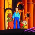 Eine Illustration mit drei Figuren: Einer Person in blauem Anzug, einer roten Creature und einem kleinen, älteren Charakter mit Bart.