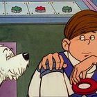 Illustration: Ein junger Mann mit braunem Haar hält ein rotes Band. Neben ihm ein freundlicher, zotteliger weißer Hund.