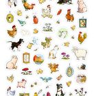 Text: "Text can be beautiful!" Illustration mit verschiedenen Bauernhoftieren: Hühner, Hund, Katzen, Kühe, Schafe, Vögel.