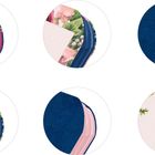 Sechs Kreise zeigen abstrakte, bunte Muster aus dunklem Blau, Rosa, Blumenmustern und stilisierten Formen.