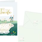 "Alles Gute zur Taufe" steht auf einer Karte mit einer Illustration von Schafen, einem Hirten und einer grünen Landschaft.