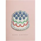 Text: "HAPPY BIRTHDAY". Illustration einer Torte mit Beeren auf rosa Hintergrund.