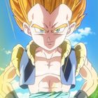 Illustration eines muskulösen Charakters mit gelbem Haar, entschlossenen Augen, umgeben von gelbem Licht, vor blauem Himmel.