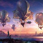 Fantastische Illustration: Kreaturen mit ballonartigen Flügeln schweben über einem bunten, außerirdischen Sonnenuntergang.