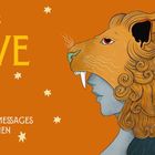 "LÖWE. 40 magische Messages von den Sternen." Illustration eines Löwenkopfs mit Sternen auf orangefarbenem Hintergrund.