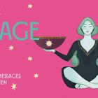 „WAAGE“, „40 MAGISCHE MESSAGES VON DEN STERNEN“; Illustration einer Frau mit Schalen in den Händen.