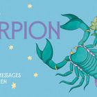 "SKORPION. 40 magische Messages von den Sternen." Illustration: Ein blauer Skorpion mit Blumen, umgeben von gelben Sternen.