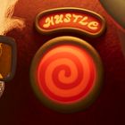 Text "HUSTLE" über einem rot-spiralförmigen Knopf, daneben ein glitzernder Charakter mit riesiger Brille.