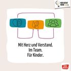Mit Herz und Verstand. Im Team. Für Kinder. Drei Symbole: Gehirn, Hände, Personen. Oben rechts ein Logo: Glühbirne mit Herz.