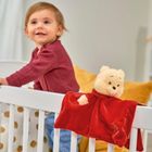Ein Kind in roter Kleidung steht in einem Gitterbett, neben ihm ein Teddybär mit rotem Tuch.