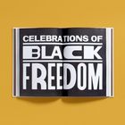"CELEBRATIONS OF BLACK FREEDOM" in großem, weißen Text auf schwarzem Hintergrund, offenes Buch auf gelbem Untergrund.