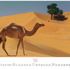 "Desert", Zahl "10", Monatskalender mit Tagen 1 bis 31. Ein Kamel wandert durch die Sanddünen, ein Baum im Hintergrund.