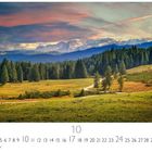 Zahlen von 1 bis 31, hervorgehobenes Datum: 10; darunter "CASARES EDITION". Landschaft mit Wald, Wiese, Bergen und Abendhimmel.