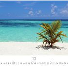 Text "Malediven" und "10". Eine Palme am weißen Sandstrand vor türkisblauem Meer und blauem Himmel mit Wolken.