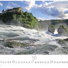 Rheinfall, Schaffhausen. Kalenderblatt mit Datum und Bild eines Wasserfalls mit üppiger Vegetation und einem Schloss im Hintergrund.