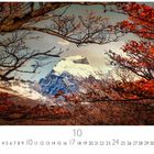 "Herbst in Patagonien", Oktober. Schneebedeckter Berg, umrahmt von Bäumen mit roten Blättern. Kalendarium darunter.