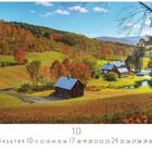 "Vermont, Landschaft" und "CASARES EDITION". Herbstliche Hügellandschaft mit buntem Laub und Farmhäusern unter blauem Himmel.