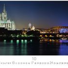 Köln, Deutzer Brücke. Der illuminiert beleuchtete Kölner Dom bei Nacht, begleitet von der Hohenzollernbrücke über den Rhein.